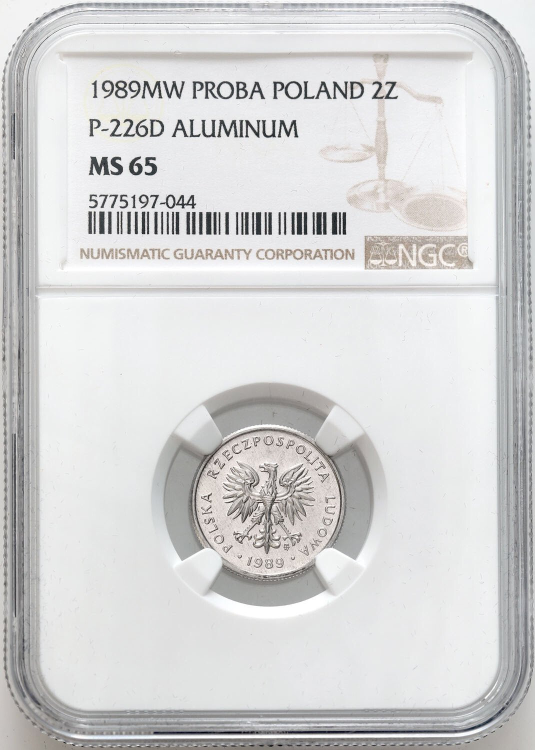 PRL. PRÓBA aluminium 2 złote 1989 NGC MS65 (2 MAX) - nakład tylko 10 sztuk - RZADKOŚĆ  