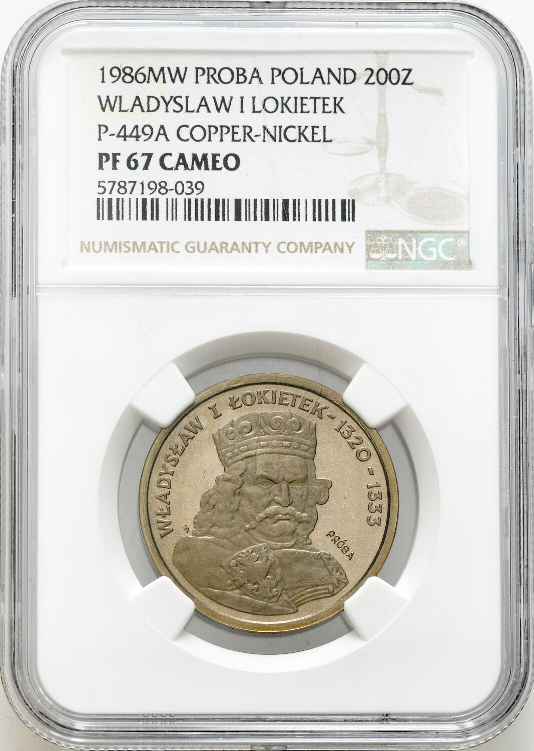 PRÓBA miedzionikiel 200 złotych 1986 Łokietek NGC PF67 CAMEO