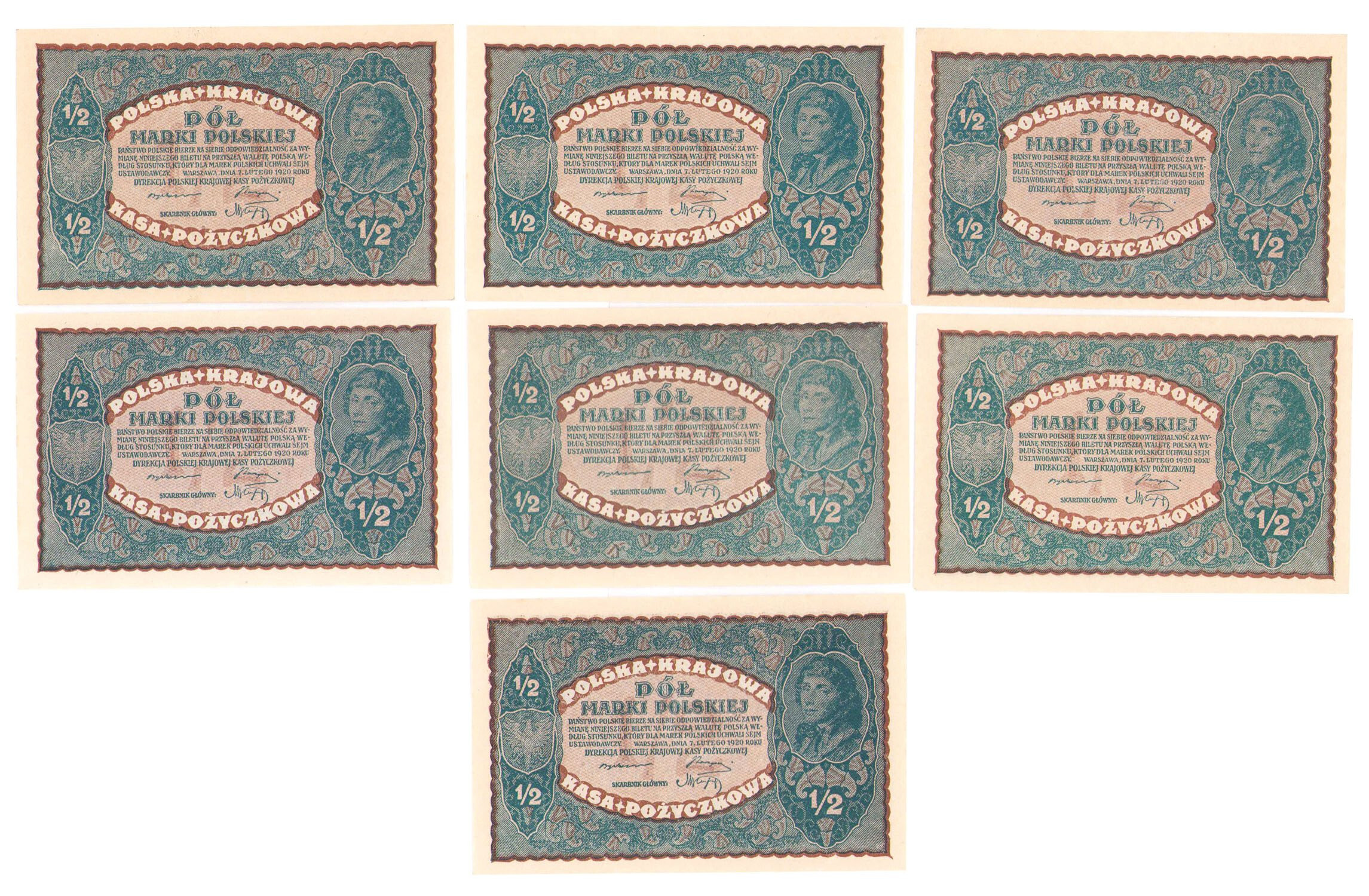 1/2 marki polskiej 1920, zestaw 7 banknotów