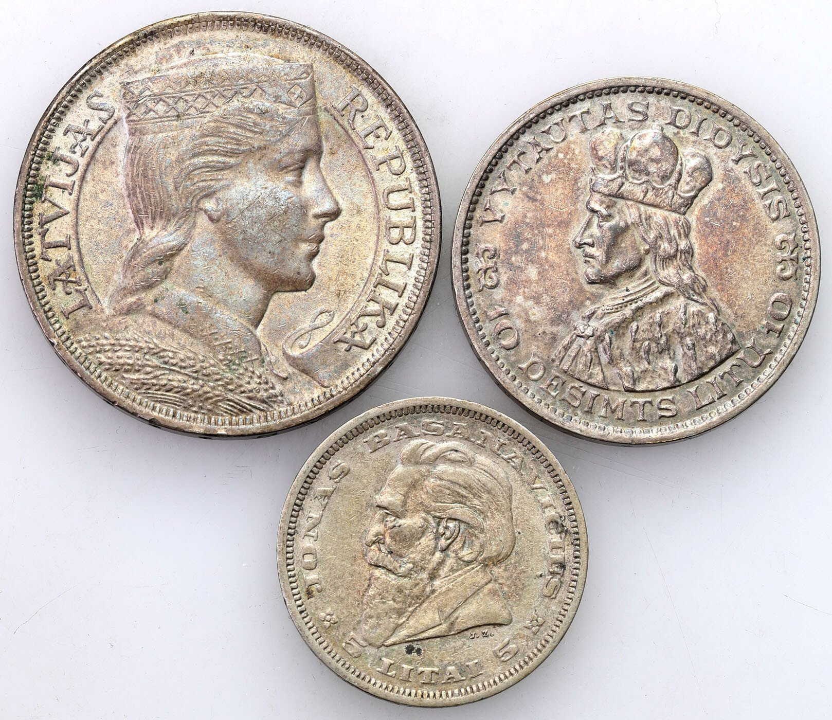 Litwa, Łotwa. 5 Lati 1932, 10 litu 1936, 5 litu 1938, zestaw 3 monet