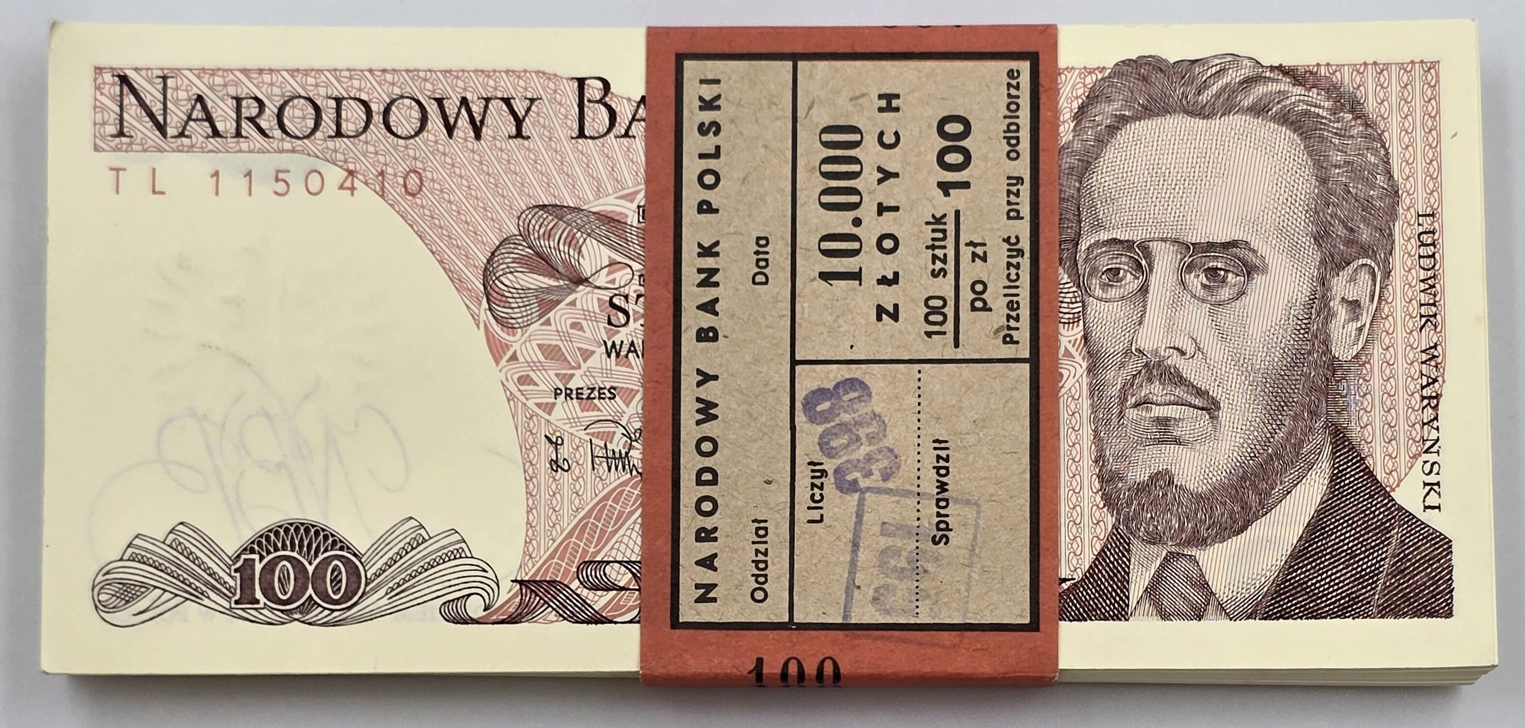 PRL. 100 złotych 1988 Waryński seria TL, zestaw 100 sztuk - PACZKA BANKOWA