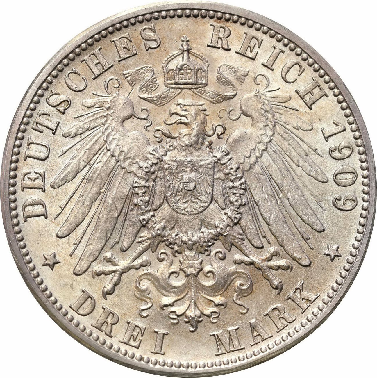 Niemcy,  Wirtembergia. 3 marki 1909 F, Stuttgart – PIĘKNE