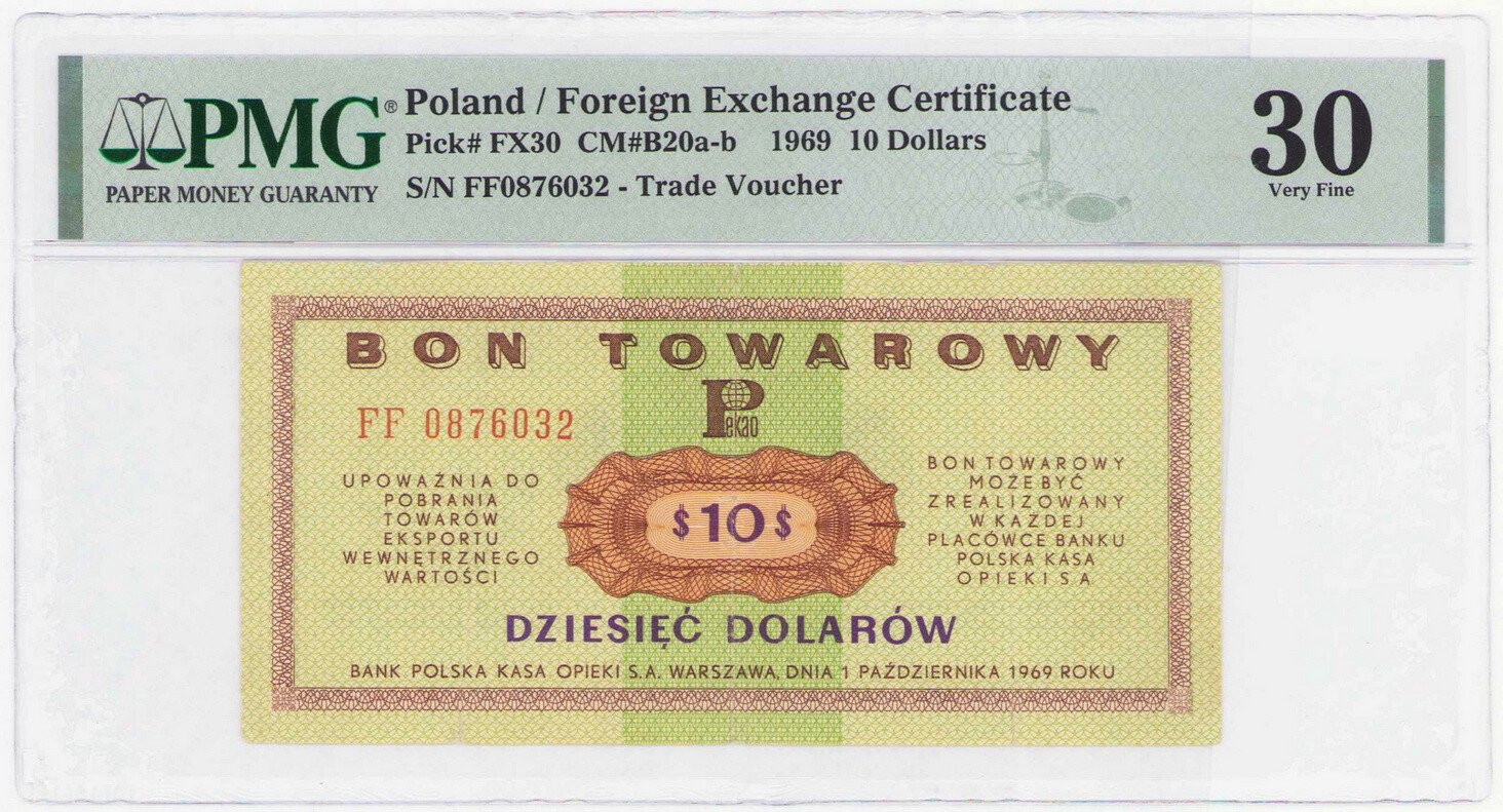 Bon towarowy PEKAO na 10 dolarów 1969 seria FF, PMG 30