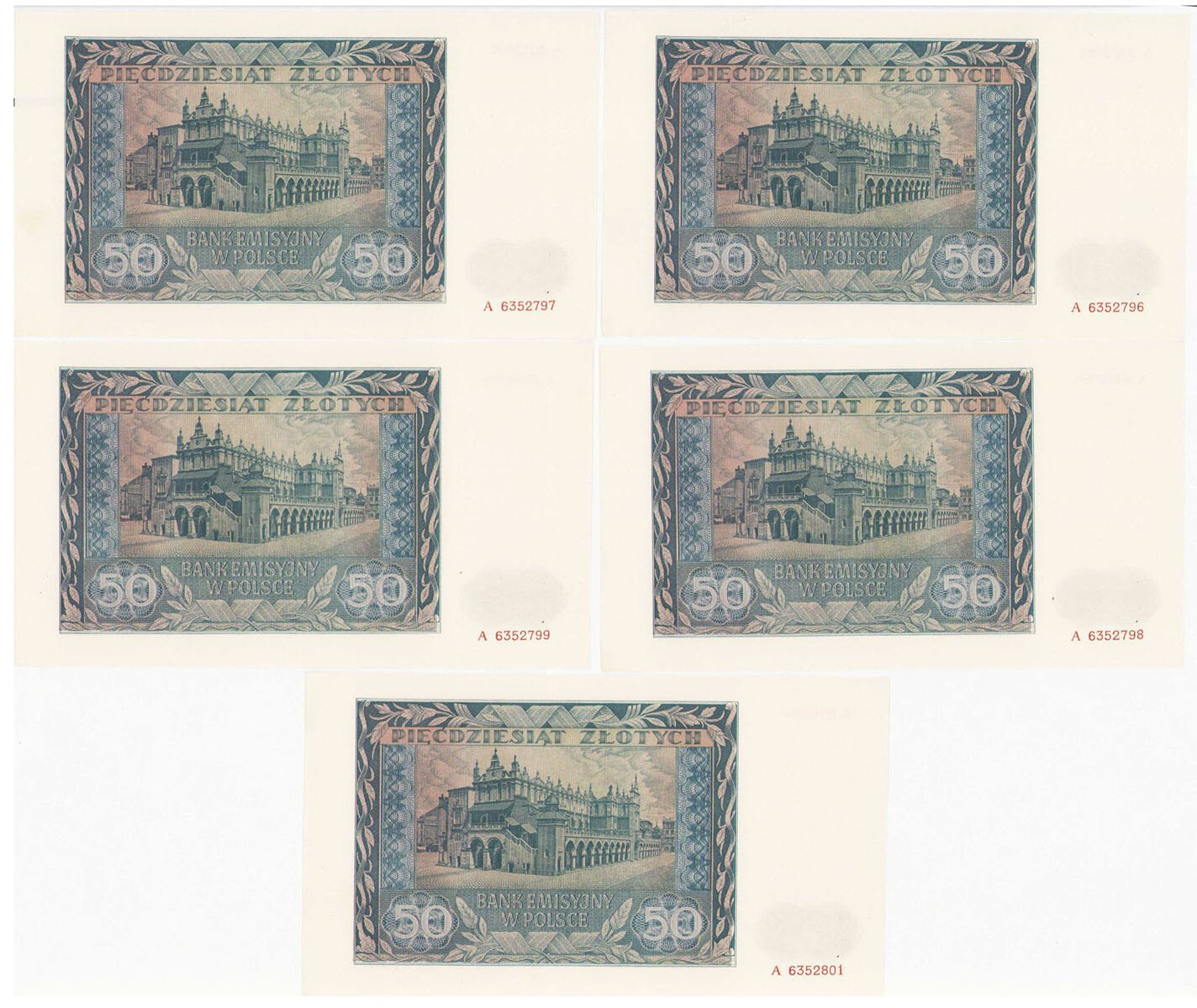 50 złotych 1941 seria A - KOLEJNE NUMERY, 5 sztuk