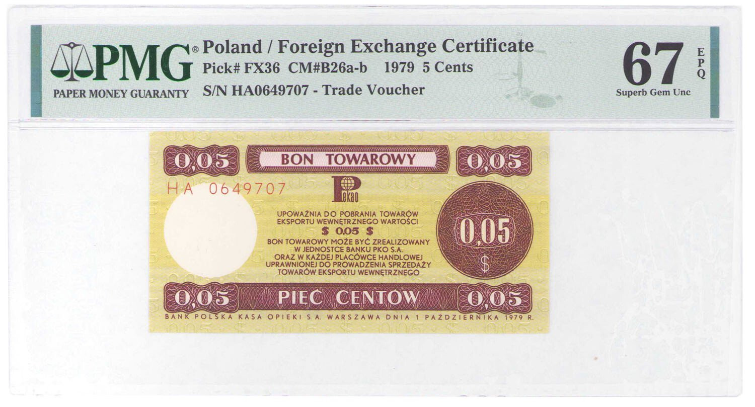 5 Centów 1979 seria HA bon towarowy Pekao PMG 67 EPQ (2MAX) - PIĘKNY