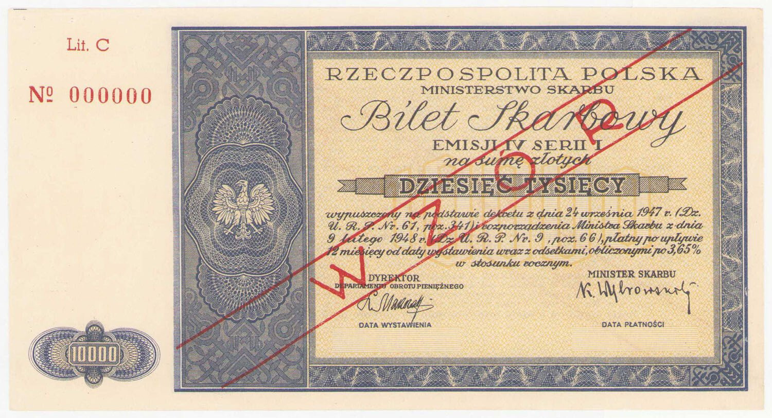 Bilet Skarbowy. WZÓR 10.000 złotych emisja IV, seria I 1948 Lit. C - RZADKOŚĆ R8
