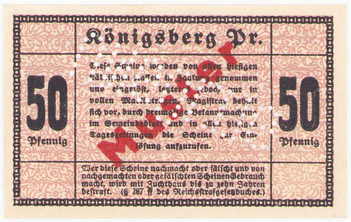 Niemcy, Prusy Wschodnie Königsberg - Kaliningrad. Testowy Notgeld MUSTER 50 fenigów 1917