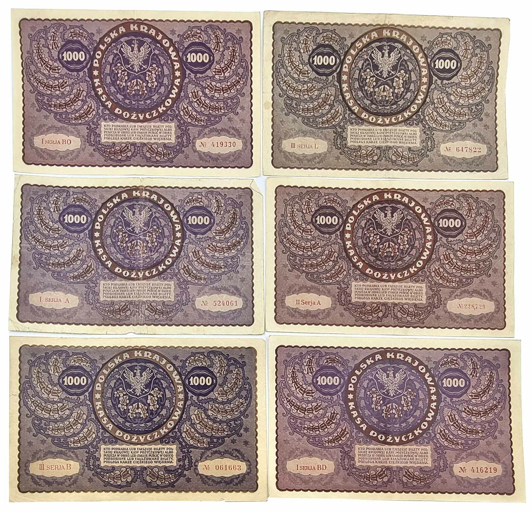 1.000 marek polskich 1919, różne serie zestaw 6 banknotów