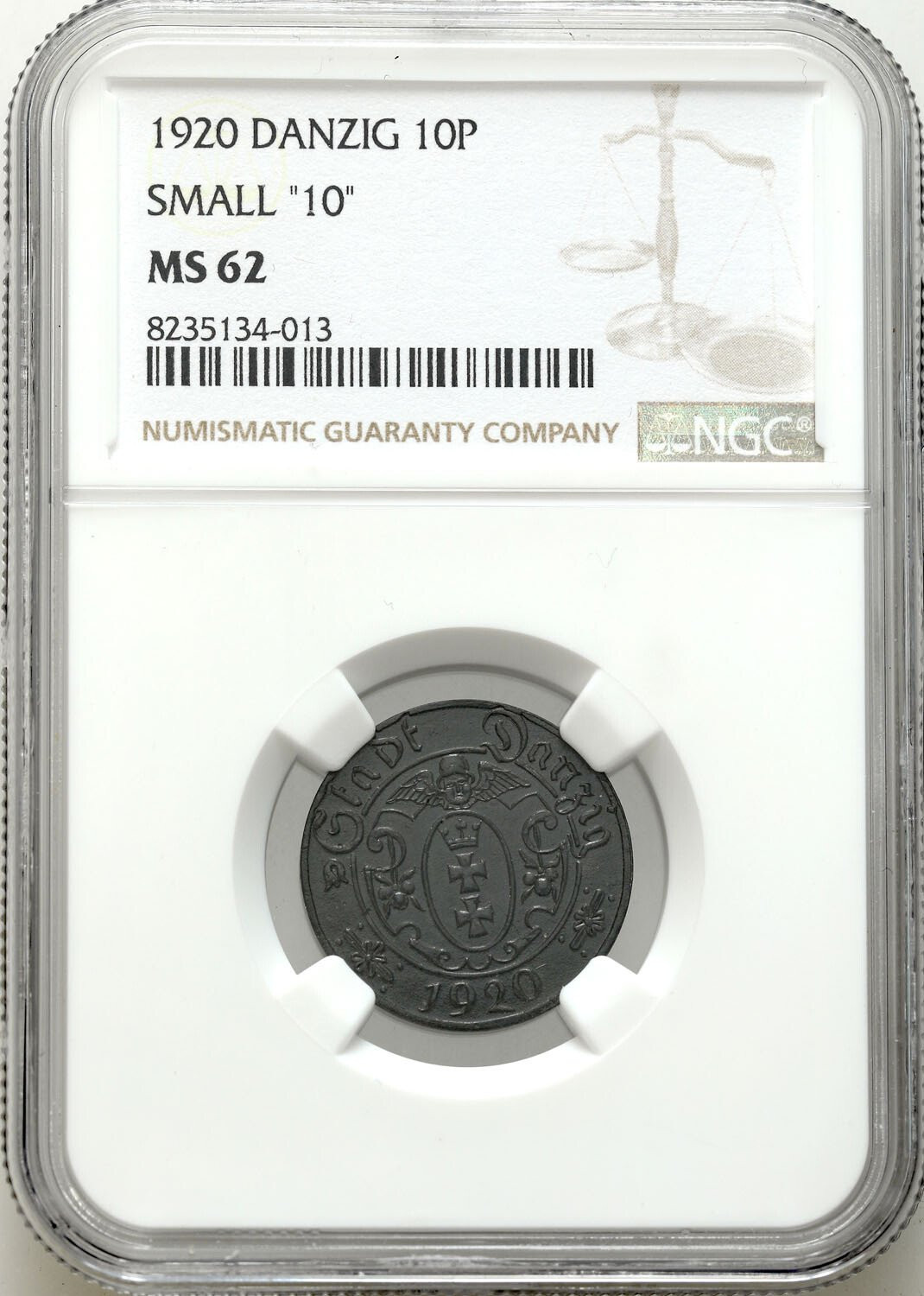Wolne Miasto Gdańsk/Danzig. 10 fenigów 1920 cynk, mała cyfra NGC MS62