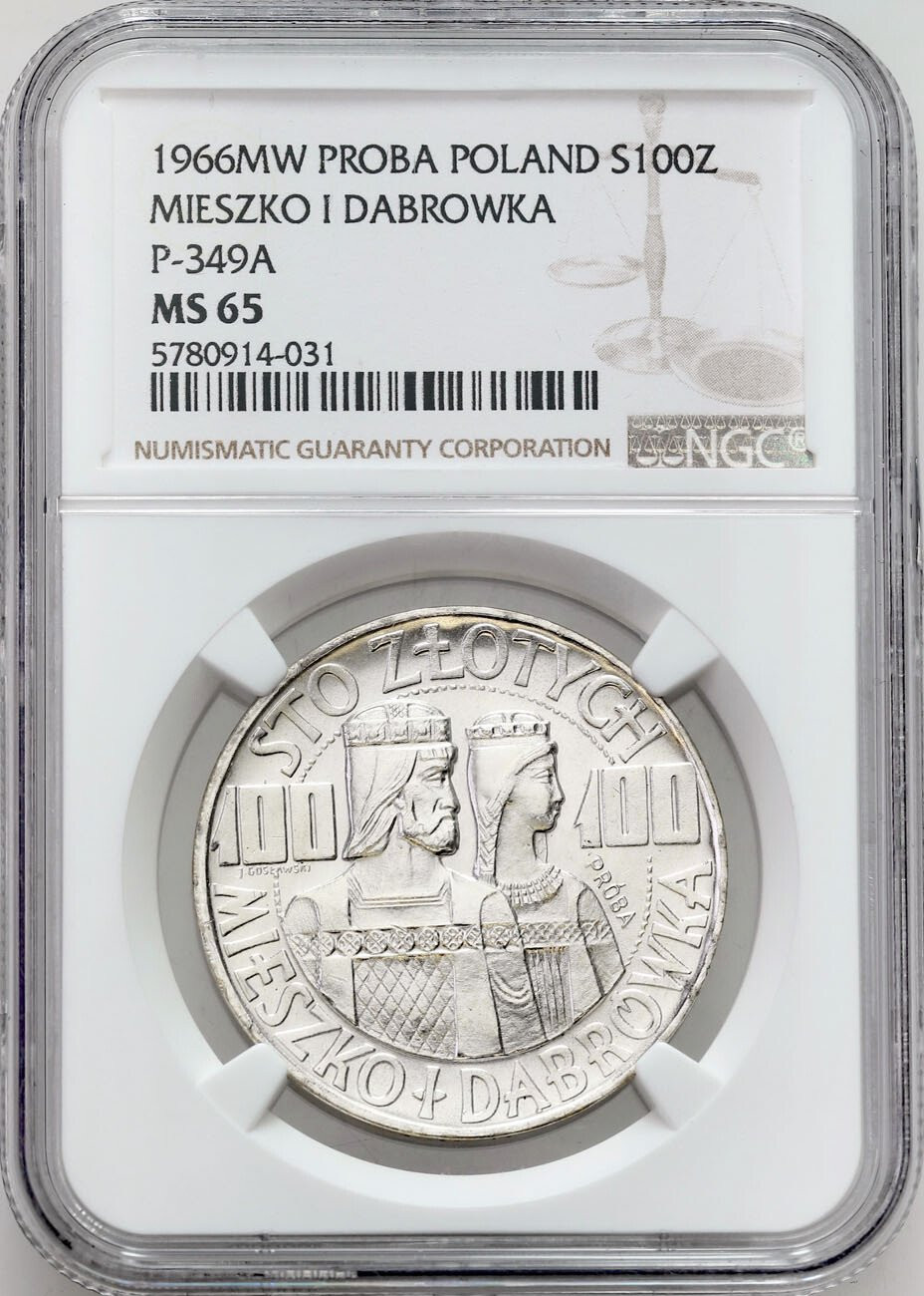 PRL. PRÓBA srebro 100 złotych 1966 Mieszko i Dąbrówka NGC MS65 – PIĘKNE