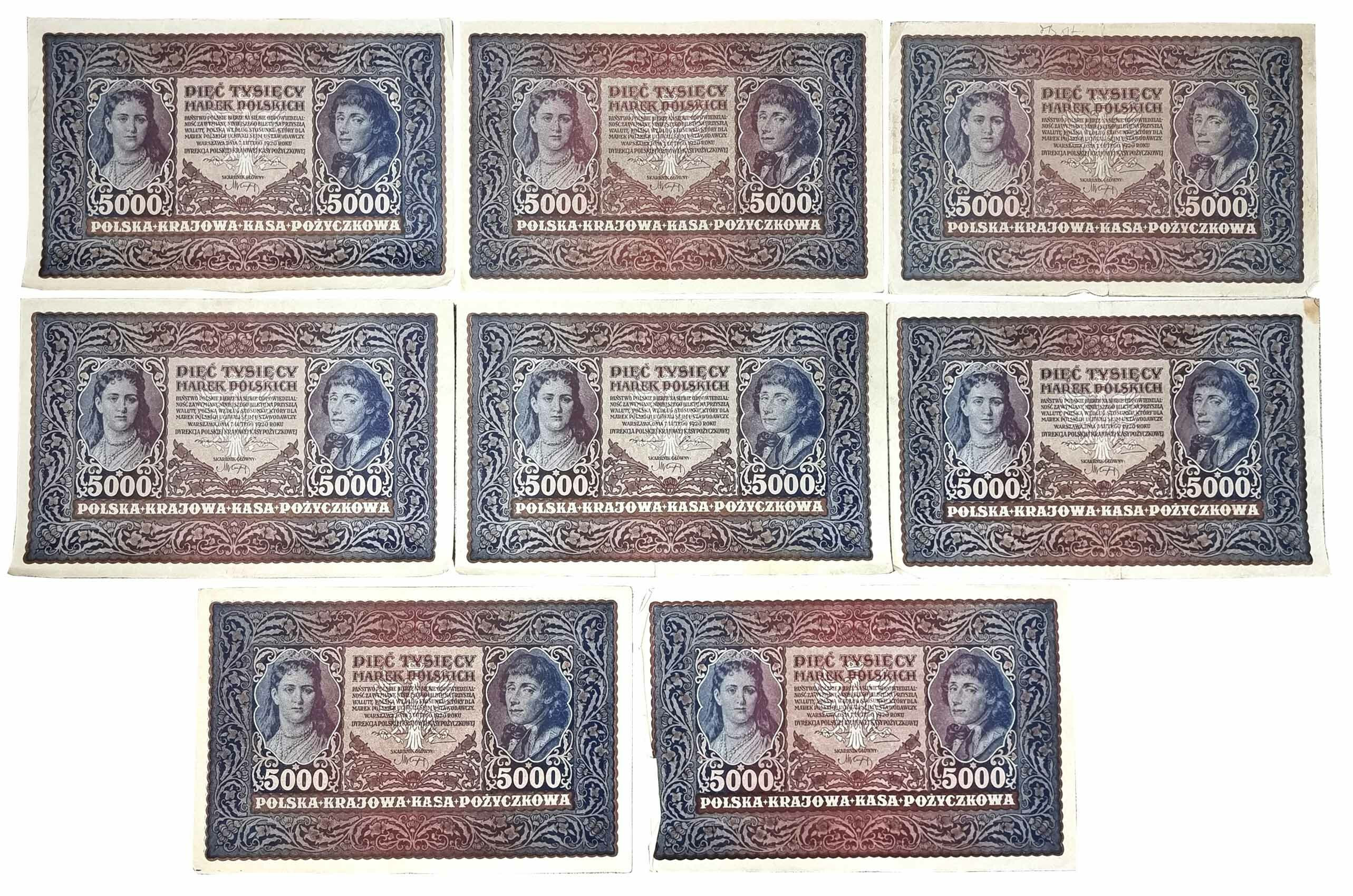 5.000 marek polskich 1920, różne serie, zestaw 8 banknotów