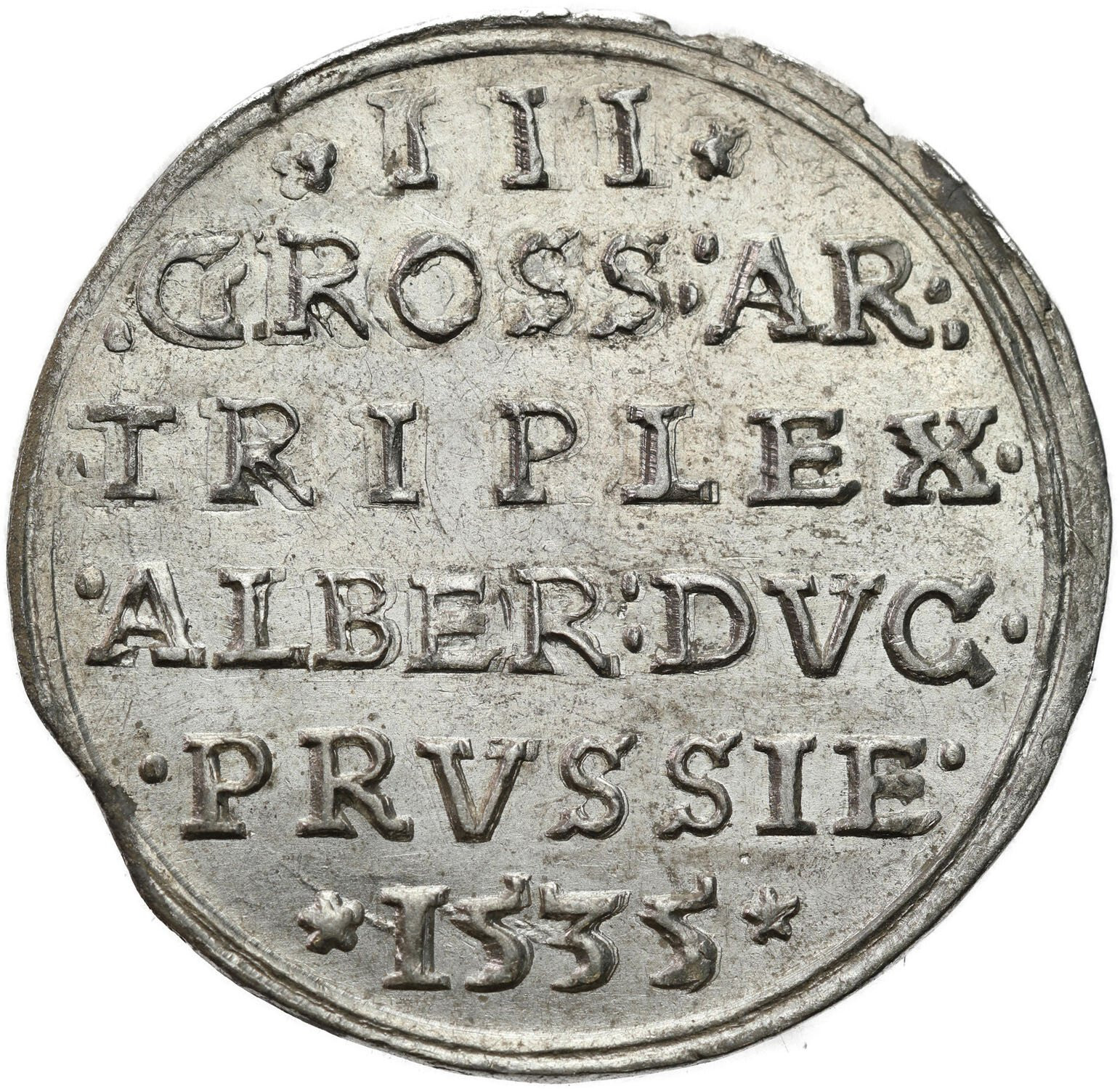 Prusy Książęce. Albrecht Hohenzollern. Trojak (3 grosze) 1535, Królewiec - WYŚMIENITY