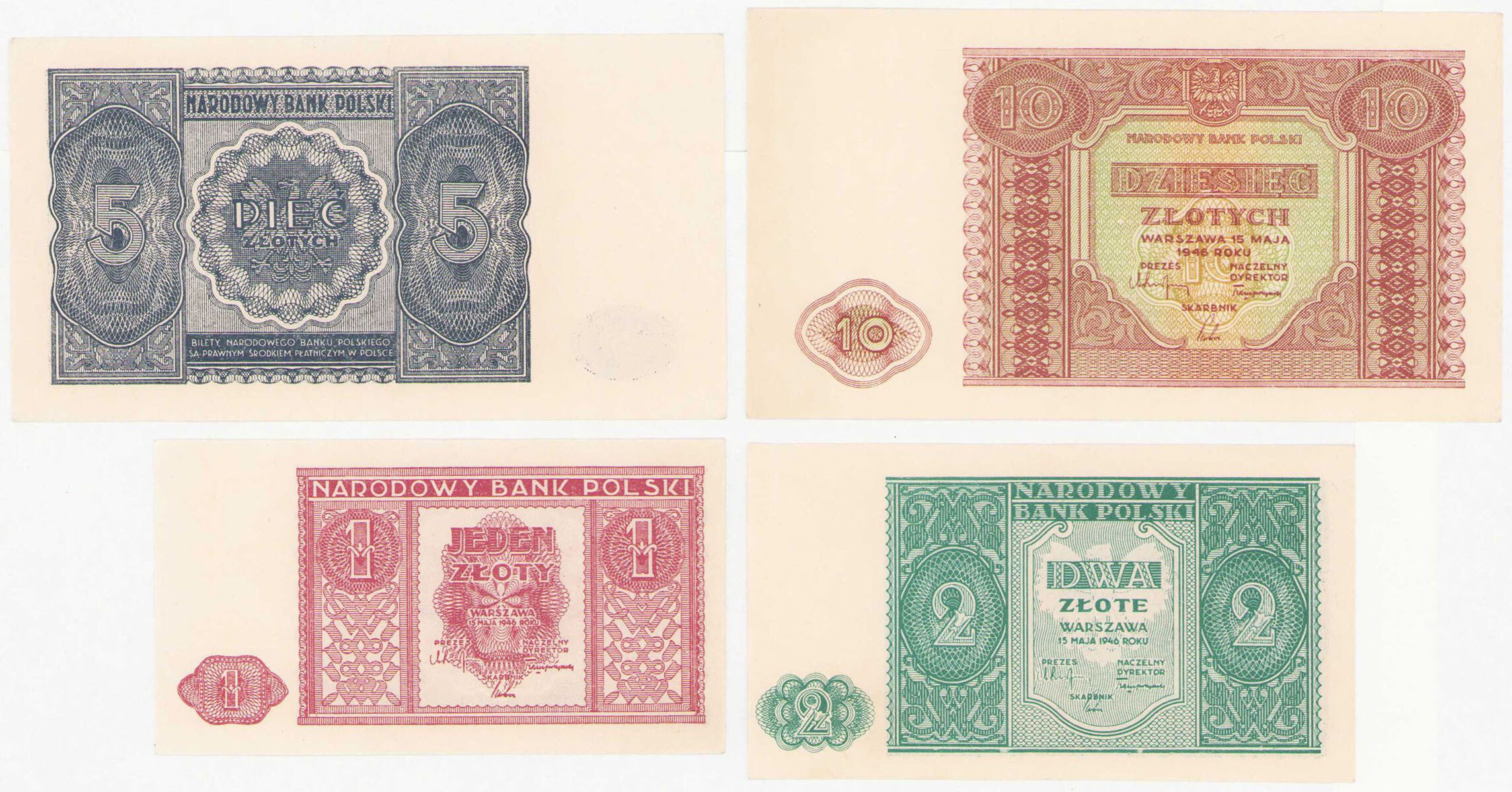 1, 2, 5 i 10 złotych złote 1946, zestaw 4 banknotów