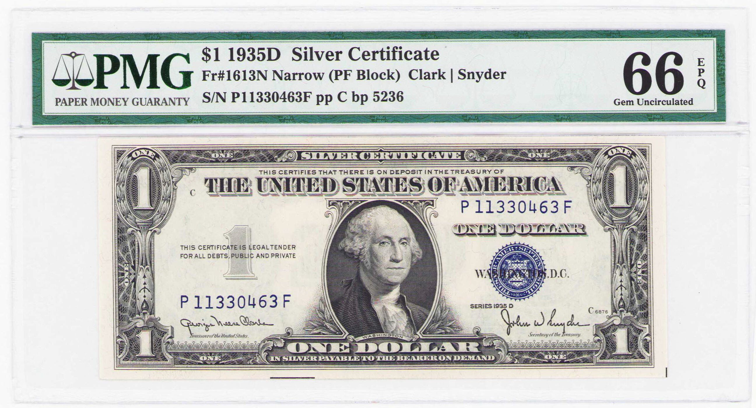 USA, Silver Certificate. 1 dolar 1935D PMG 66 EPQ