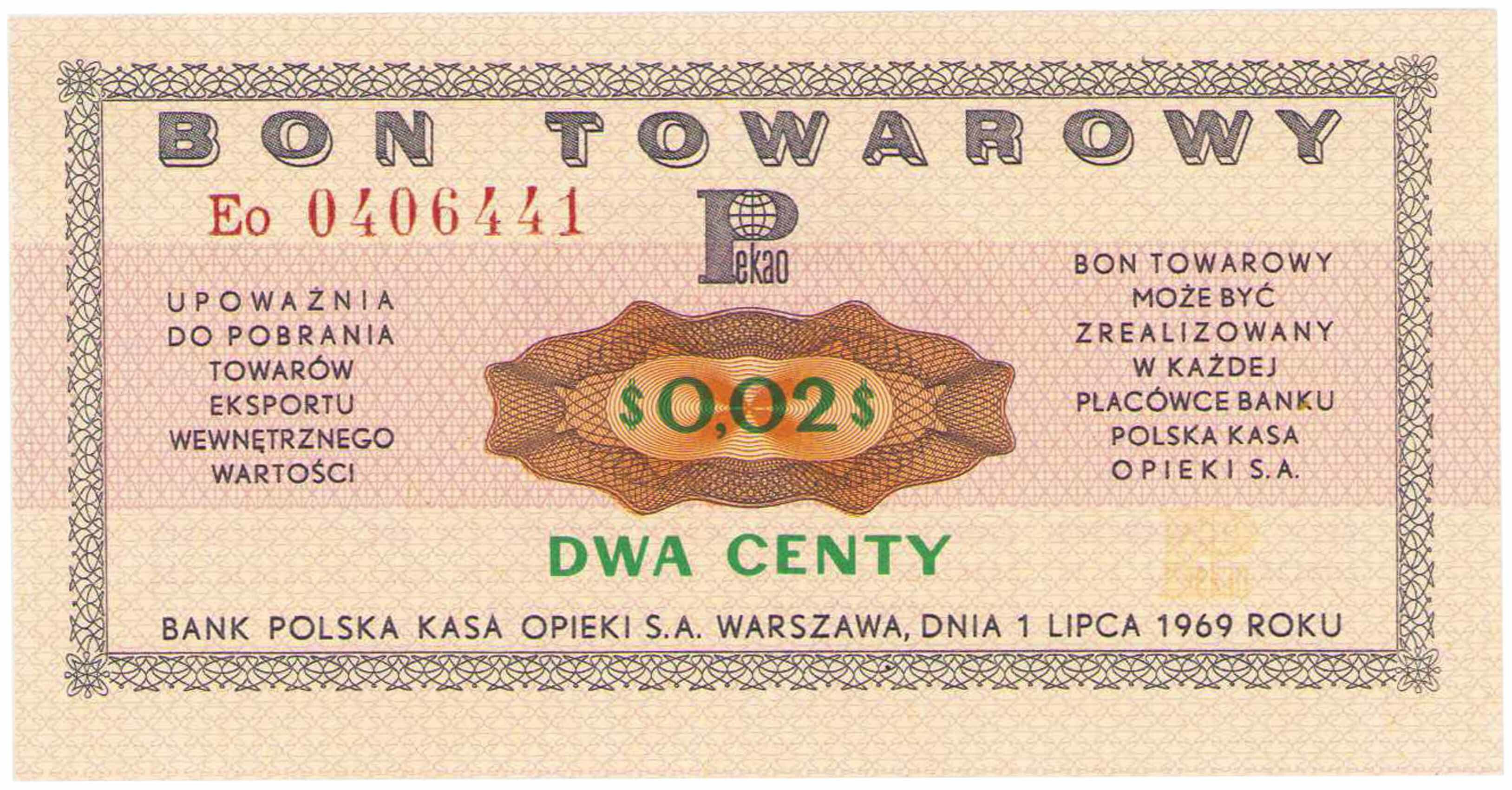 Bon towarowy PEKAO na 2 centy 1969 seria Eo - PIĘKNE