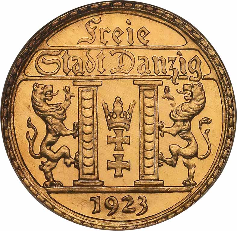 WM Gdańsk. 25 guldenów 1923, stempel lustrzany NGC PF65 (MAX)