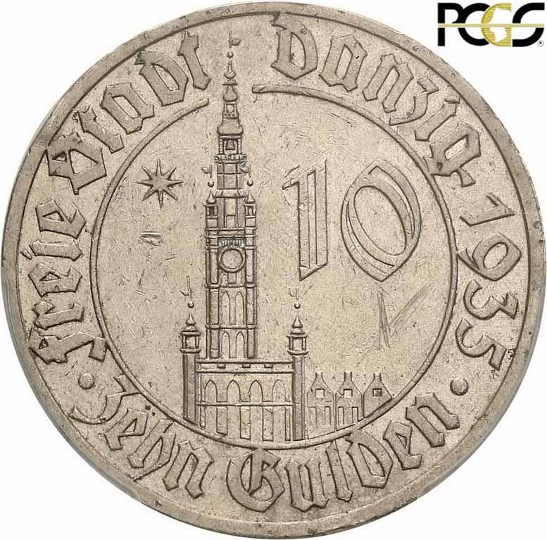 WM Gdańsk. 10 Guldenów 1935 Ratusz PCGS AU Details