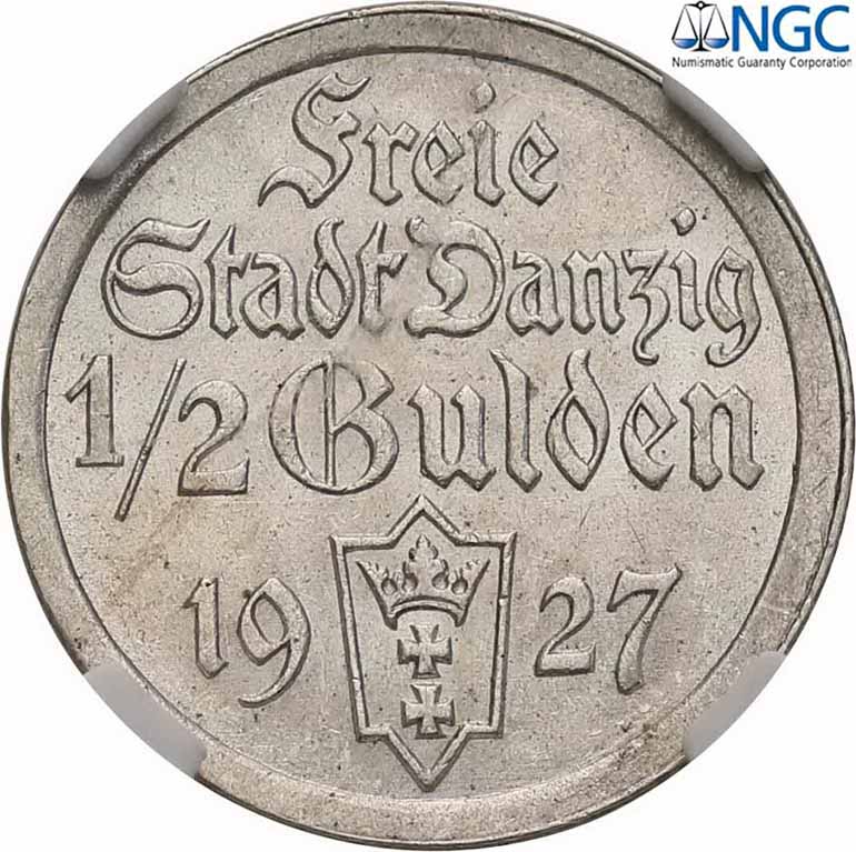 WM Gdańsk. 1/2 Guldena 1927 NGC MS62
