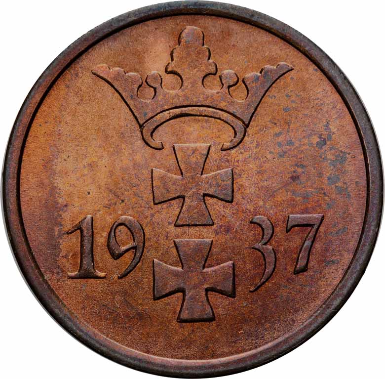 WM Gdańsk. 1 fenig 1937 NGC MS65 RB