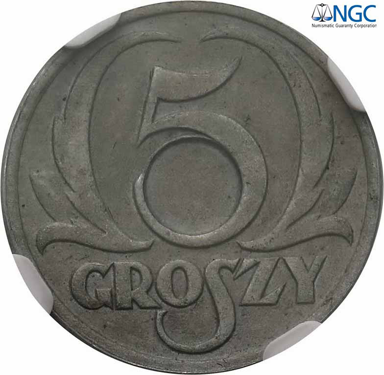 II RP. Generalna Gubernia 5 groszy 1939 BEZ OTWORU - DESTRUKT NGC AU58
