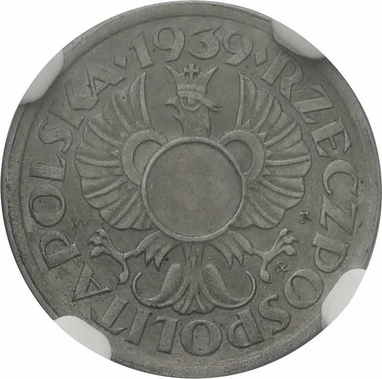 II RP. Generalna Gubernia 5 groszy 1939 BEZ OTWORU - DESTRUKT NGC AU58