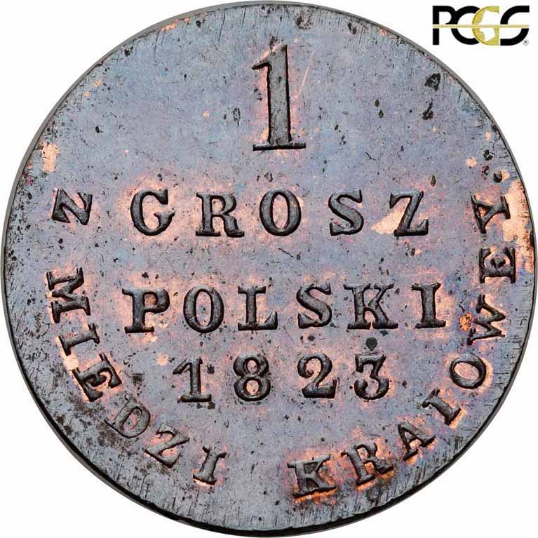 Polska XIX w. Grosz 1823 IB Z MIEDZI KRAIOWEY PCGS MS64 RB (MAX)