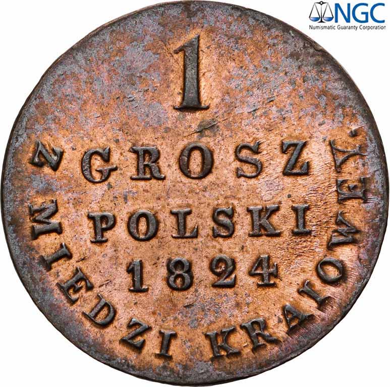 Polska XIX w. Grosz 1824 IB Z MIEDZI KRAIOWEY NGC MS64 RB (MAX)