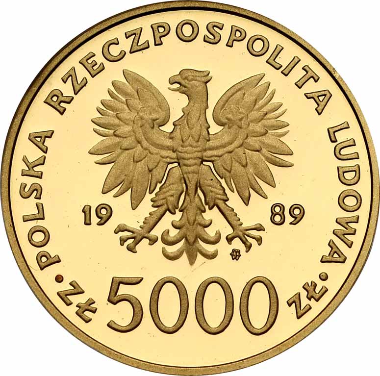Polska PRL. 5 000 złotych 1989 Jan Paweł II Kratka, stempel lustrzany NGC PF69 ULTRA CAMEO
