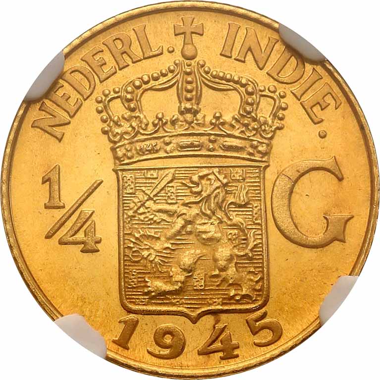 Indie holenderskie. PRÓBA 1/4 Guldena 1945, odbitka w złocie, stempel lustrzany NGC PF 64