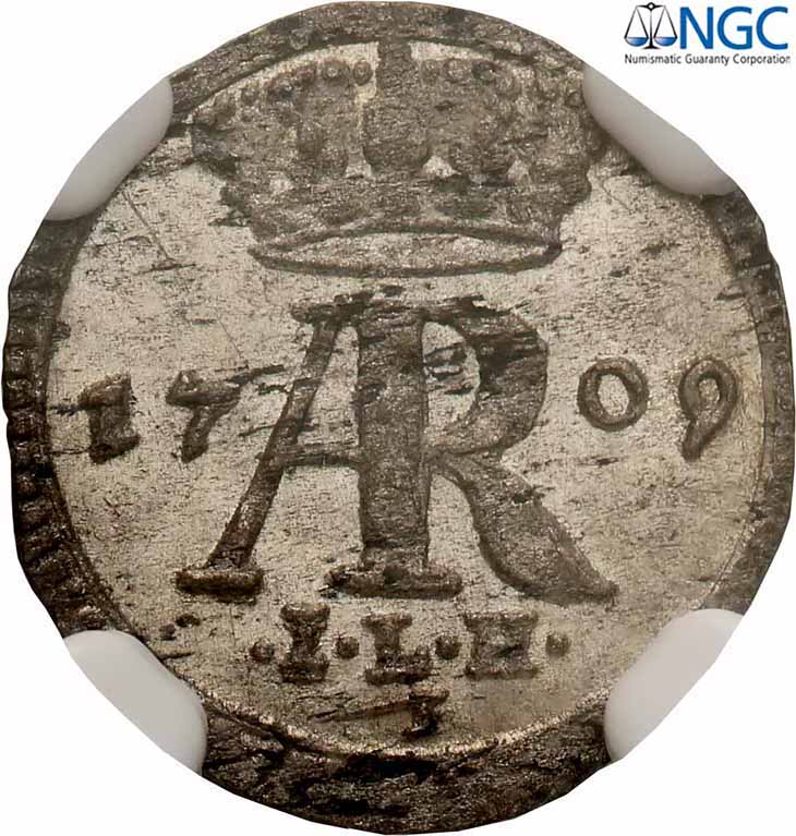 August II Mocny. Halerz (fenig) 1709, Drezno NGC MS63