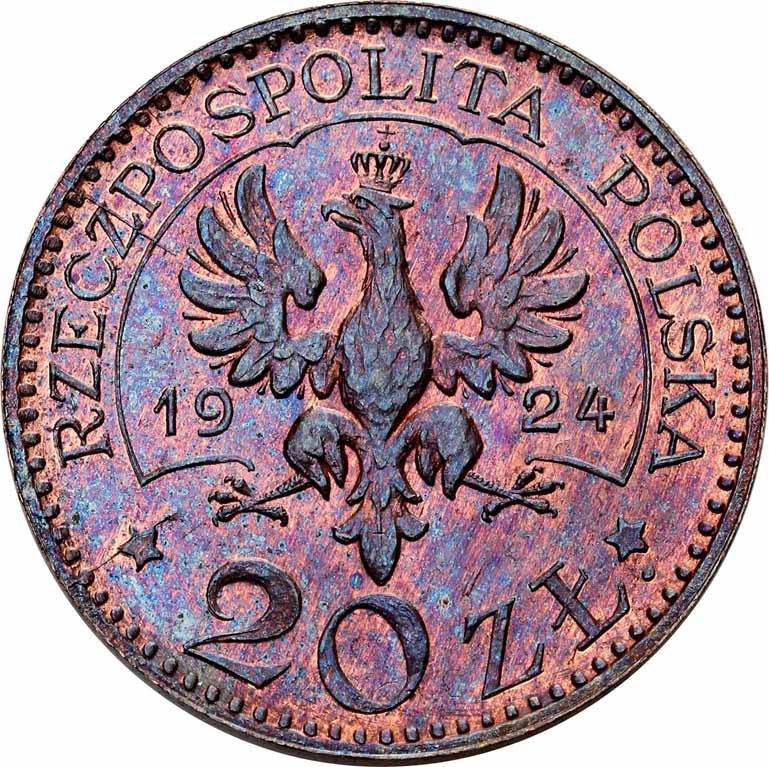 II RP. PRÓBA brąz 20 złotych 1924 monogram NGC MS64 RB (MAX)