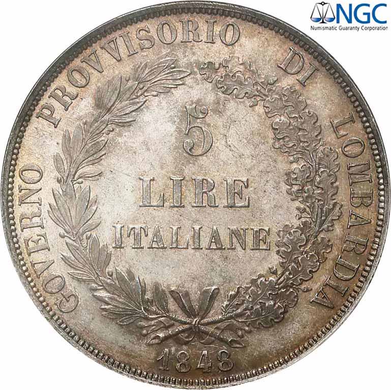 Włochy Lombardia. 5 lirów (scudo) 1848 M Mediolan NGC MS64
