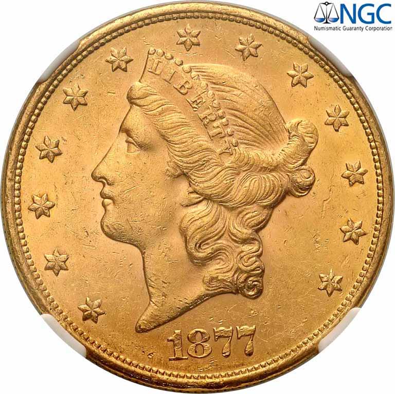USA. 20 dolarów 1877 San Francisco NGC MS61