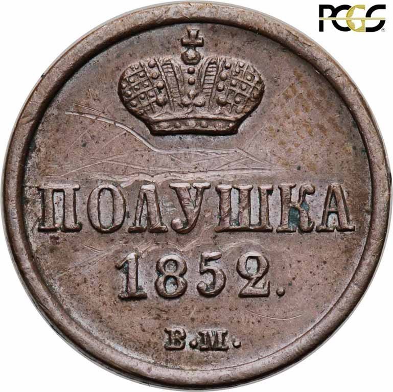 Polska XlX w. Połuszka (1/4 kopiejki) 1852 BM Warszawa PCGS UNC Details