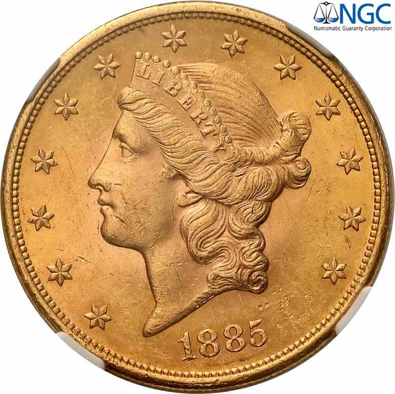 USA. 20 dolarów 1885 San Francisco NGC MS62