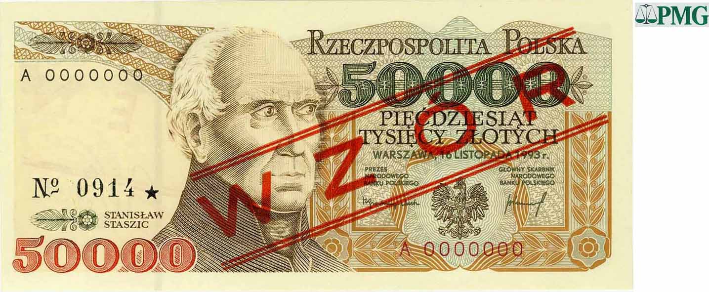 PRL Polska. SPECIMEN / WZÓR 50 000 złotych Staszic 1993 PMG 65
