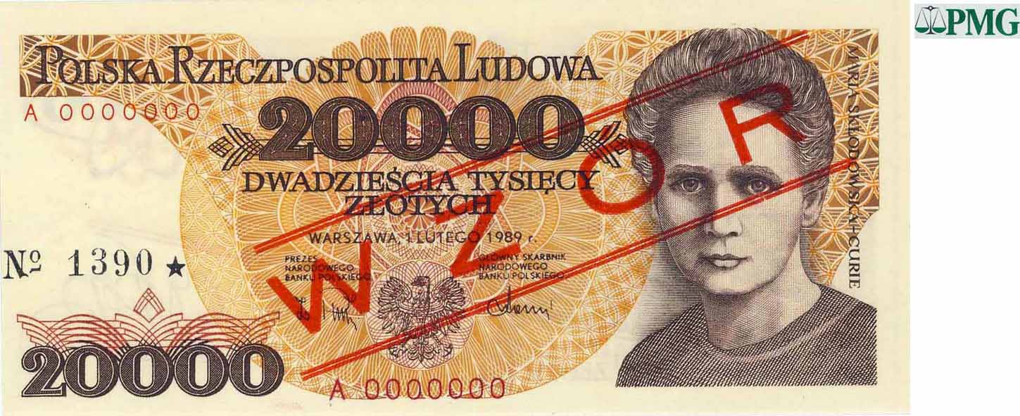 PRL Polska. SPECIMEN / WZÓR 20 000 złotych Skłodowska-Curie 1989 PMG 64