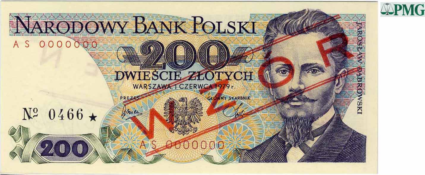 PRL Polska. WZÓR / SPECIMEN 200 złotych 1979 Dąbrowski PMG 65