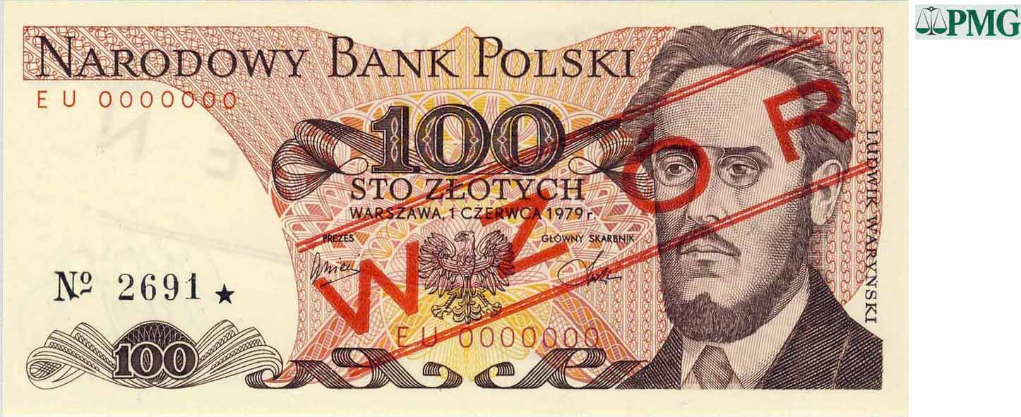 PRL Polska. WZÓR / SPECIMEN 100 złotych 1979 Warynski PMG 65*