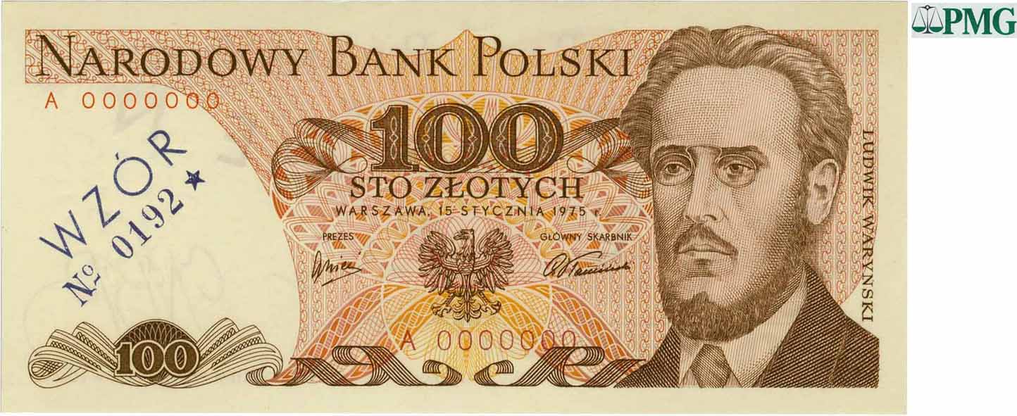 PRL Polska. WZÓR / SPECIMEN 100 złotych 1975-82 Warynski PMG 65