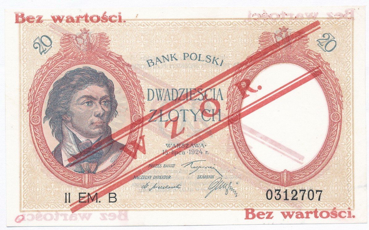 Polska. 20 złotych 1924 Kościuszko II EM.B WZÓR