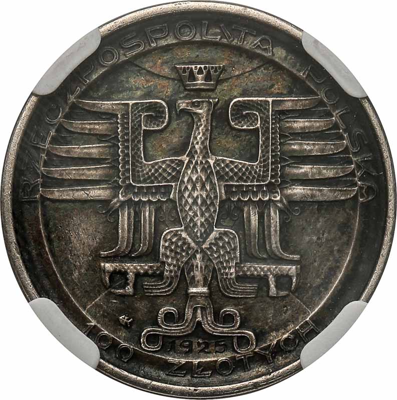 II RP. 100 złotych 1925, Kopernik mały, bez napisu PRÓBA srebro, NGC MS62