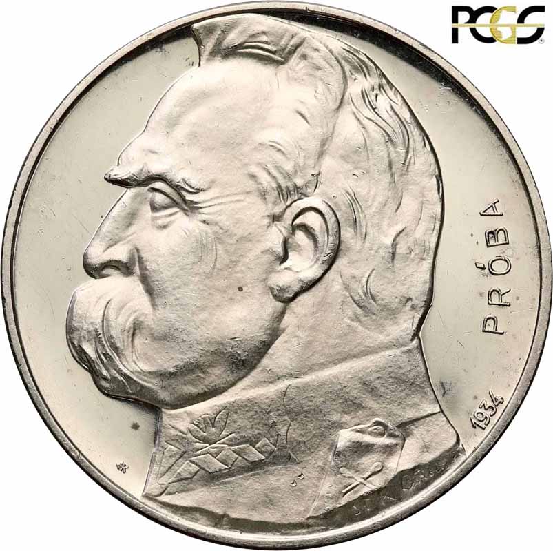 II RP. 10 złotych 1934 Piłsudski strzelecki, stempel lustrzany, PRÓBA Ag, PCGS SP63