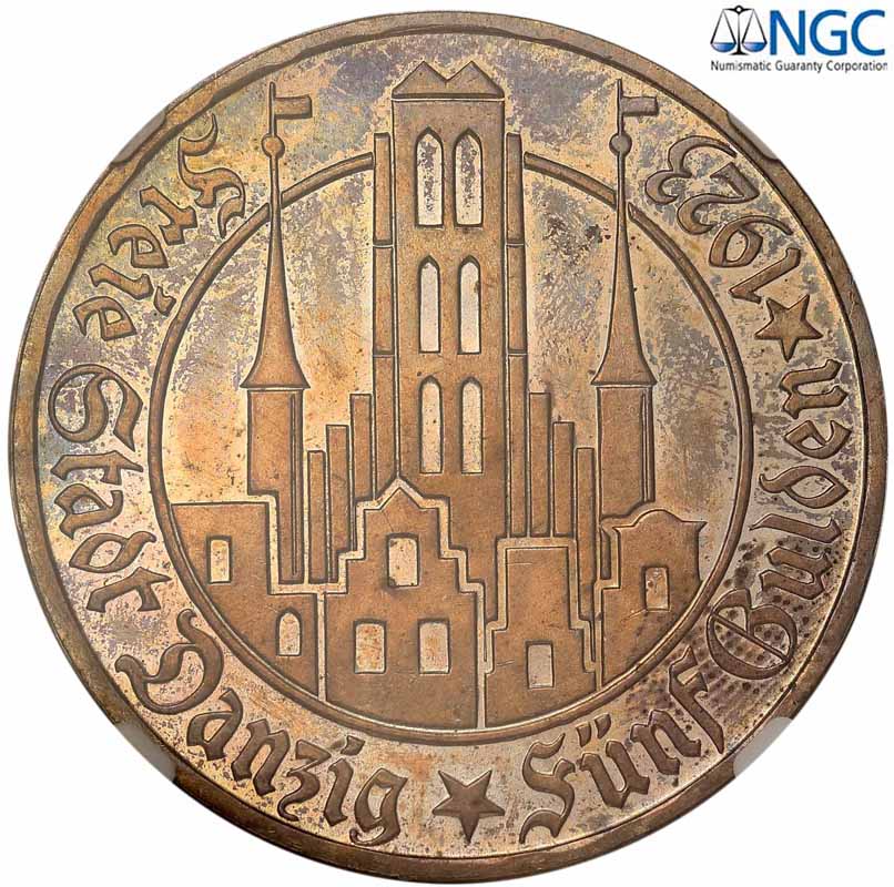 Wolne Miasto Gdańsk. 5 guldenów 1923, stempel lustrzany, NGC PF65