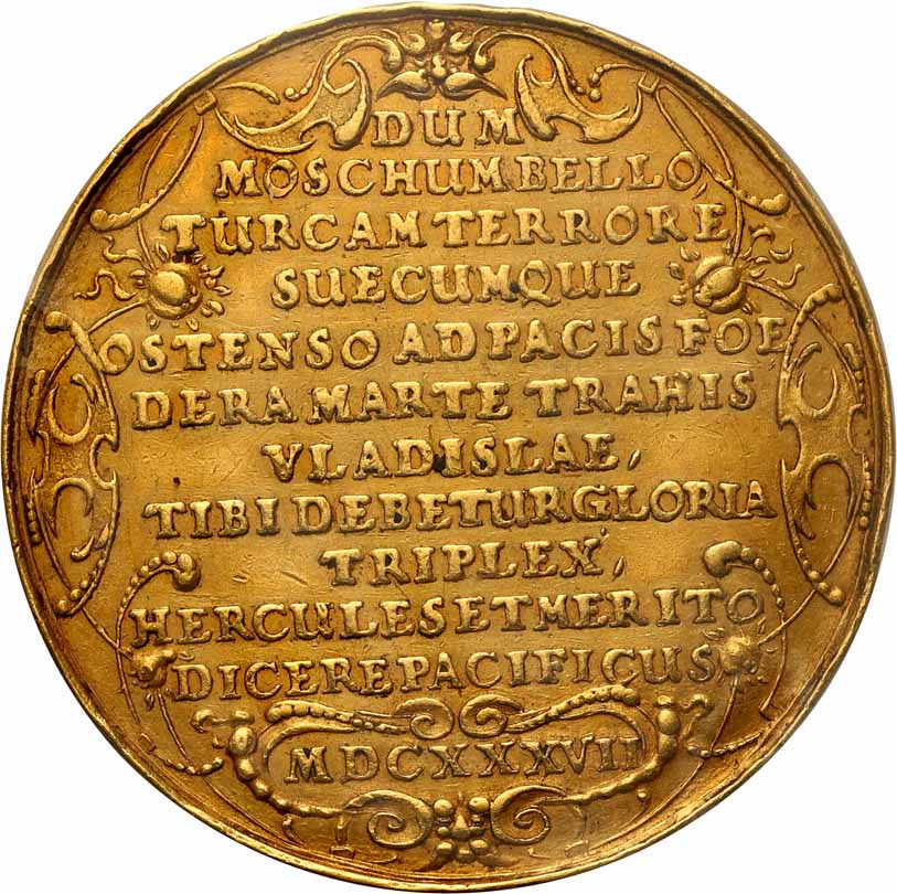 Władysław lV Waza. Złoty medal Herkules 1637, Gdańsk, Sygnowany IH – Jan Höhn, ex. Zaleski collection
