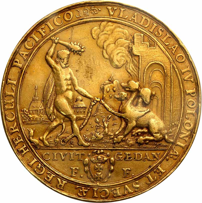 Władysław lV Waza. Złoty medal Herkules 1637, Gdańsk, Sygnowany IH – Jan Höhn, ex. Zaleski collection