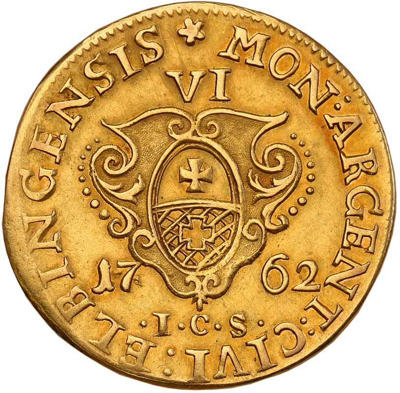 August III Sas. Szóstak (6 groszy) w złocie 1762, Elbląg ex. Pfau collection
