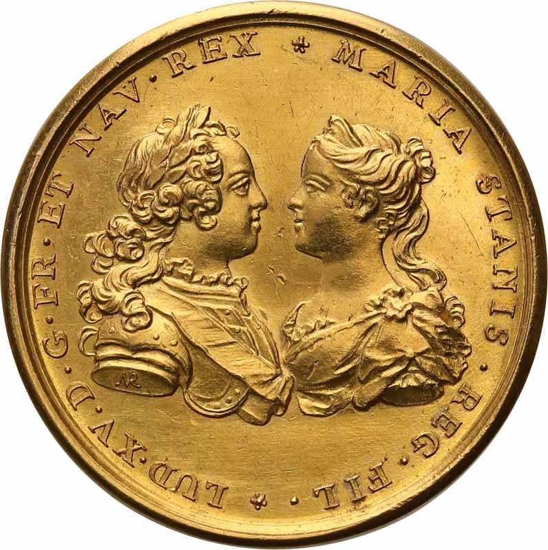 August ll Mocny. Medal ślubny wagi 8,5 dukata 1725, ślub Ludwika XV i Marii Leszczyńskiej, Paryż,
