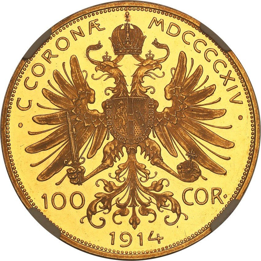 Austria. 100 koron 1914 stempel lustrzany NGC PF61 CAMEO