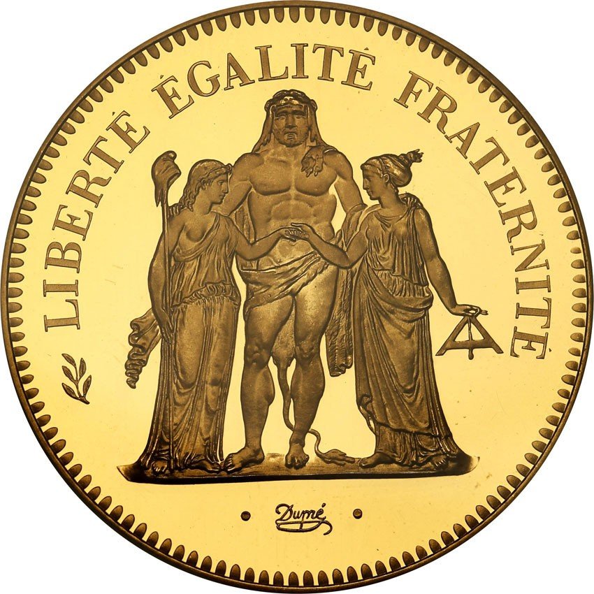 Francja. PIEFORT 50 franków 1974, stempel lustrzany, złoto PCGS SP67